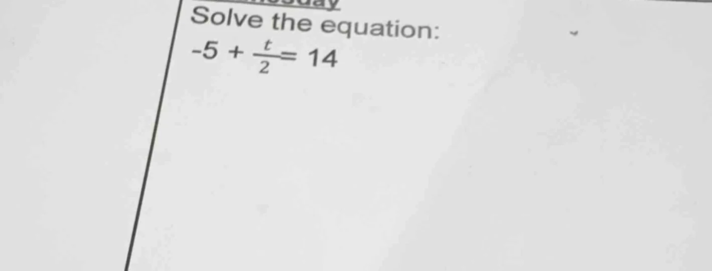 solve the equation: $-5 + \\frac{t}{2}= 14$