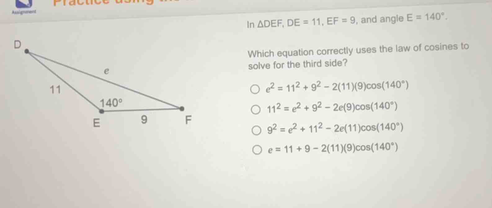 in $delta def$, $de = 11$, $ef = 9$, and angle $e = 140^{circ}$. which …