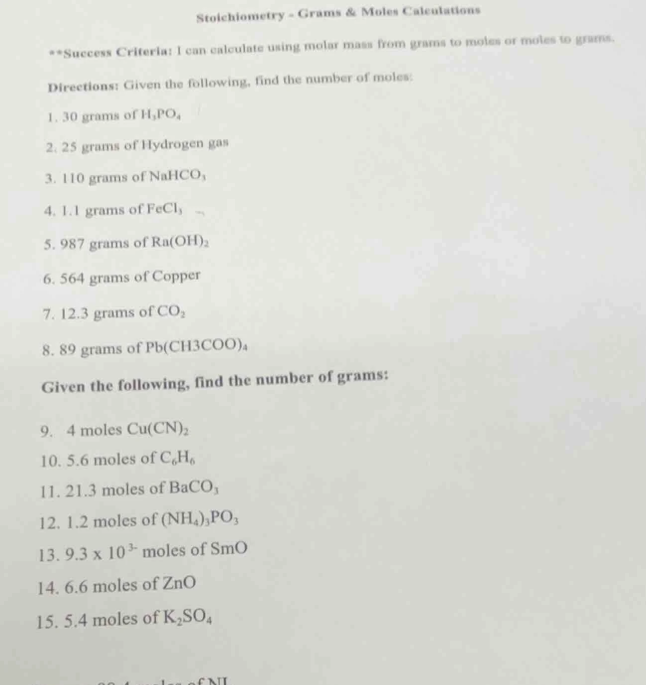 stoichiometry - grams & moles calculations **success criteria: i can ca…