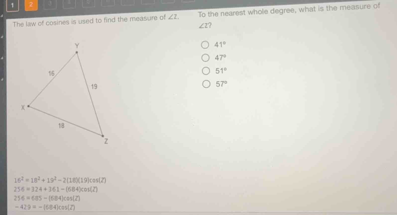 the law of cosines is used to find the measure of $angle z$. to the nea…