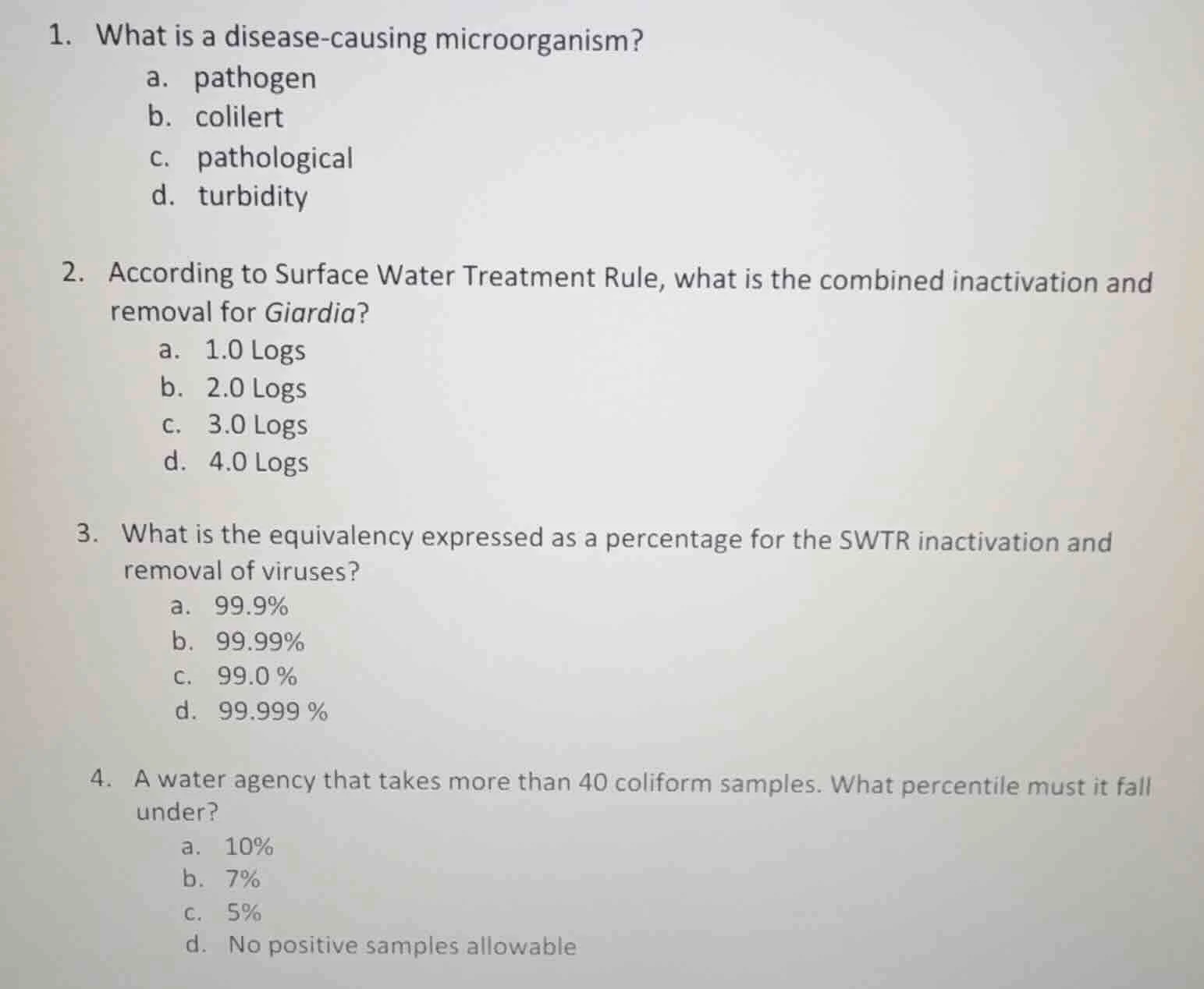 1. what is a disease-causing microorganism? a. pathogen b. colilert c. …