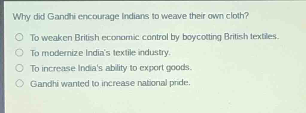why did gandhi encourage indians to weave their own cloth? to weaken br…