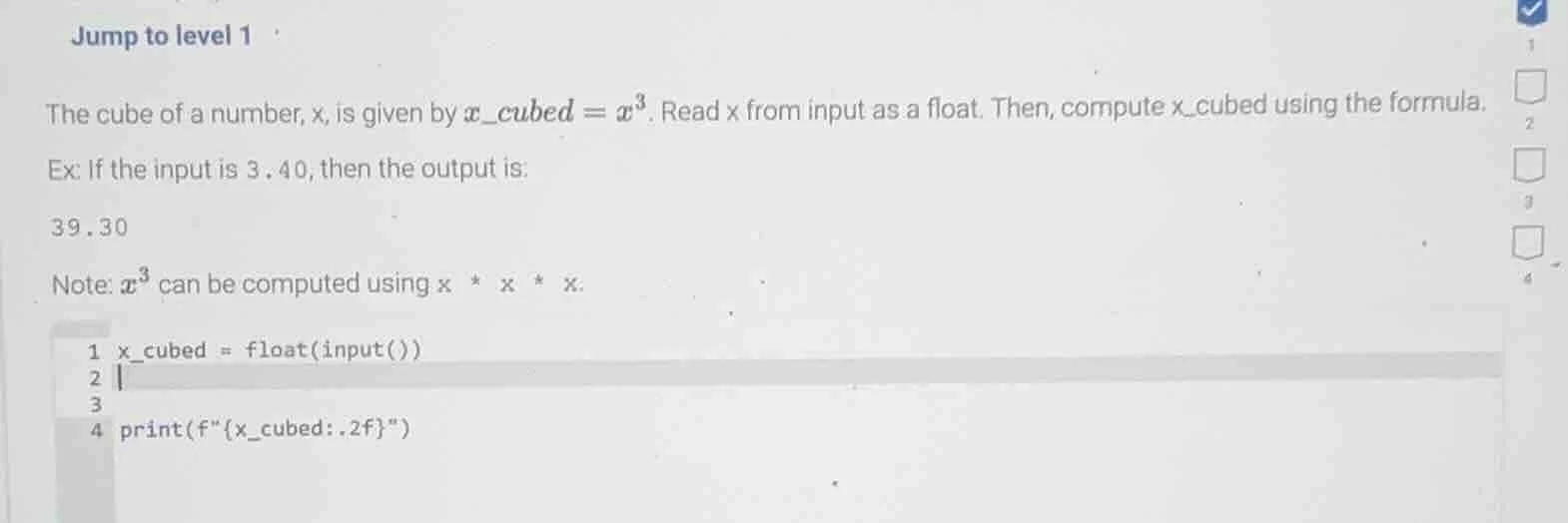 jump to level 1 the cube of a number, x, is given by $x_cubed = x^3$. r…