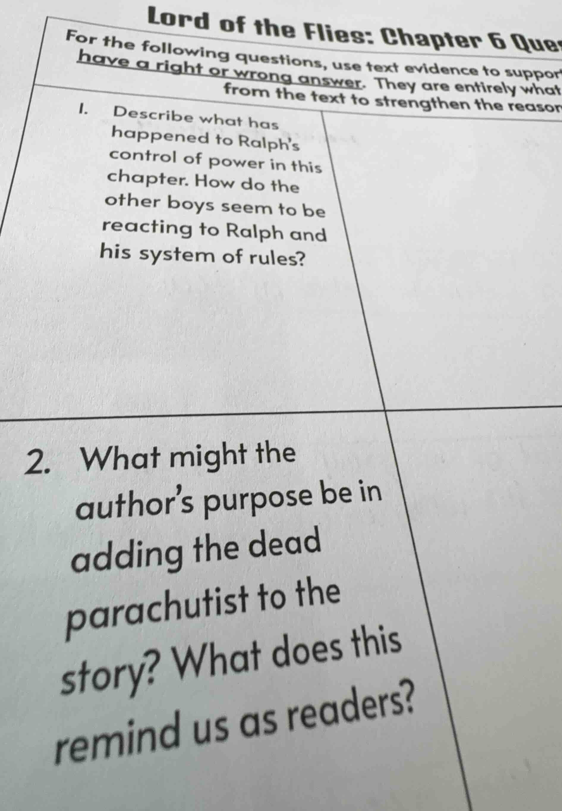 lord of the flies: chapter 6 quesfor the following questions, use text …