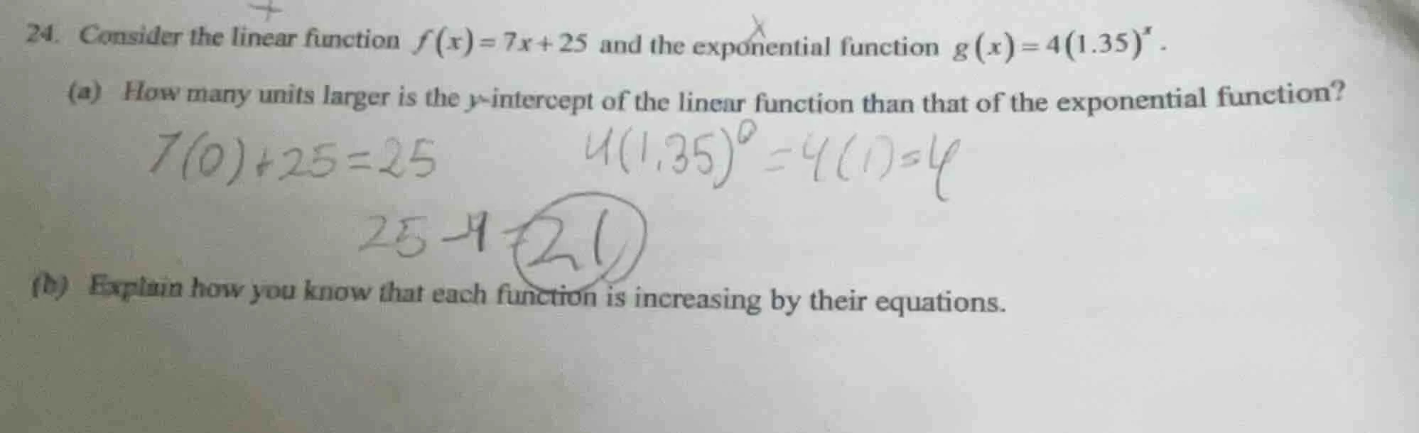 24. consider the linear function $f(x)=7x+25$ and the exponential funct…
