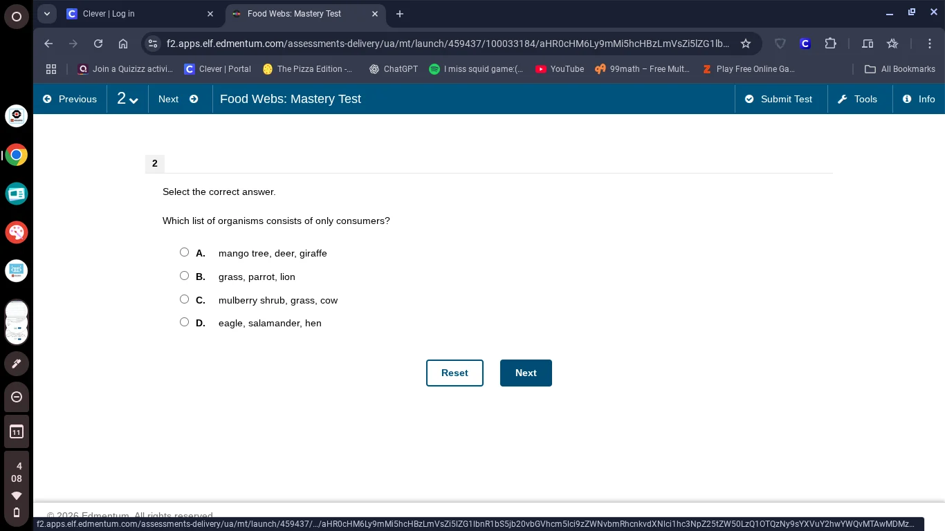 food webs: mastery test 2 select the correct answer. which list of orga…
