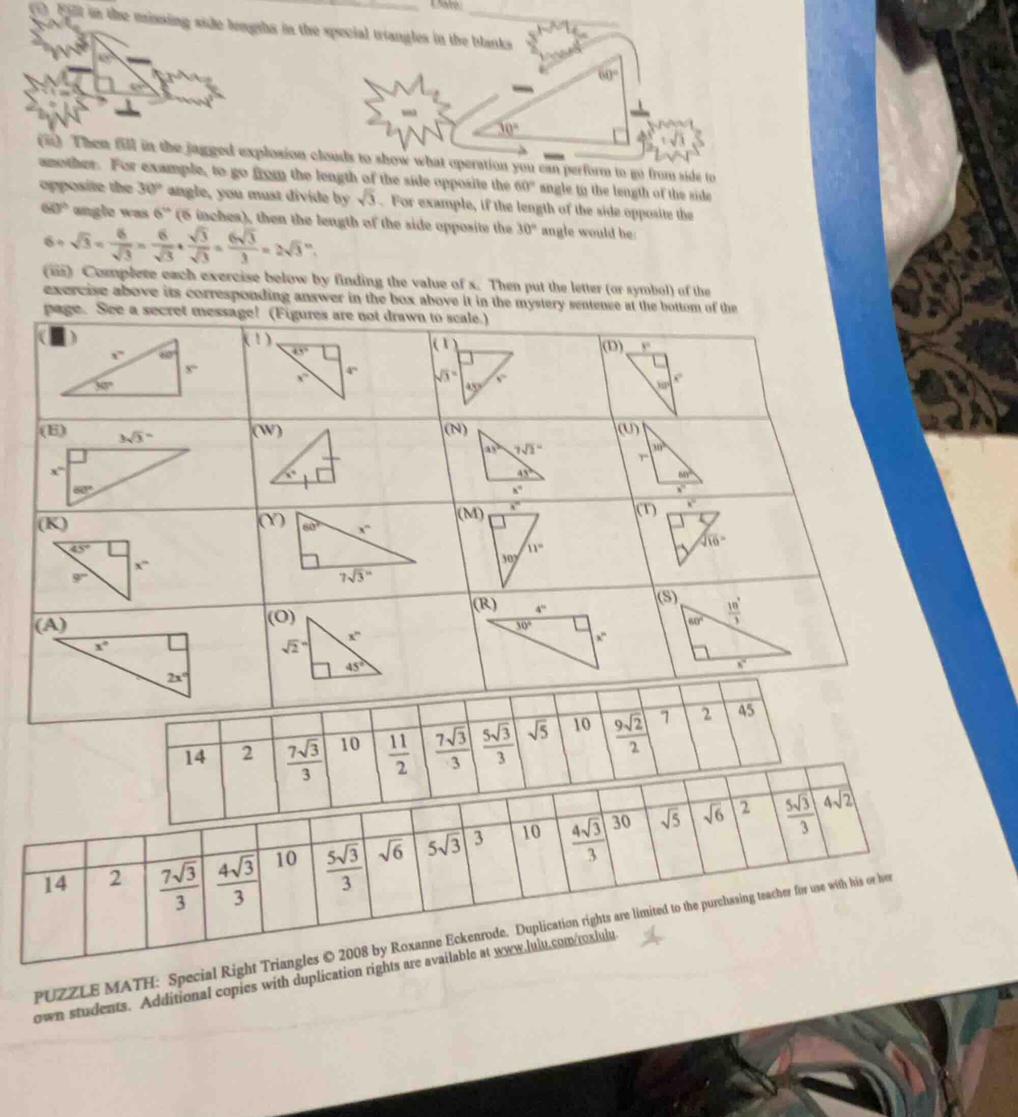 (i) fill in the missing side lengths in the special triangles in the bl…