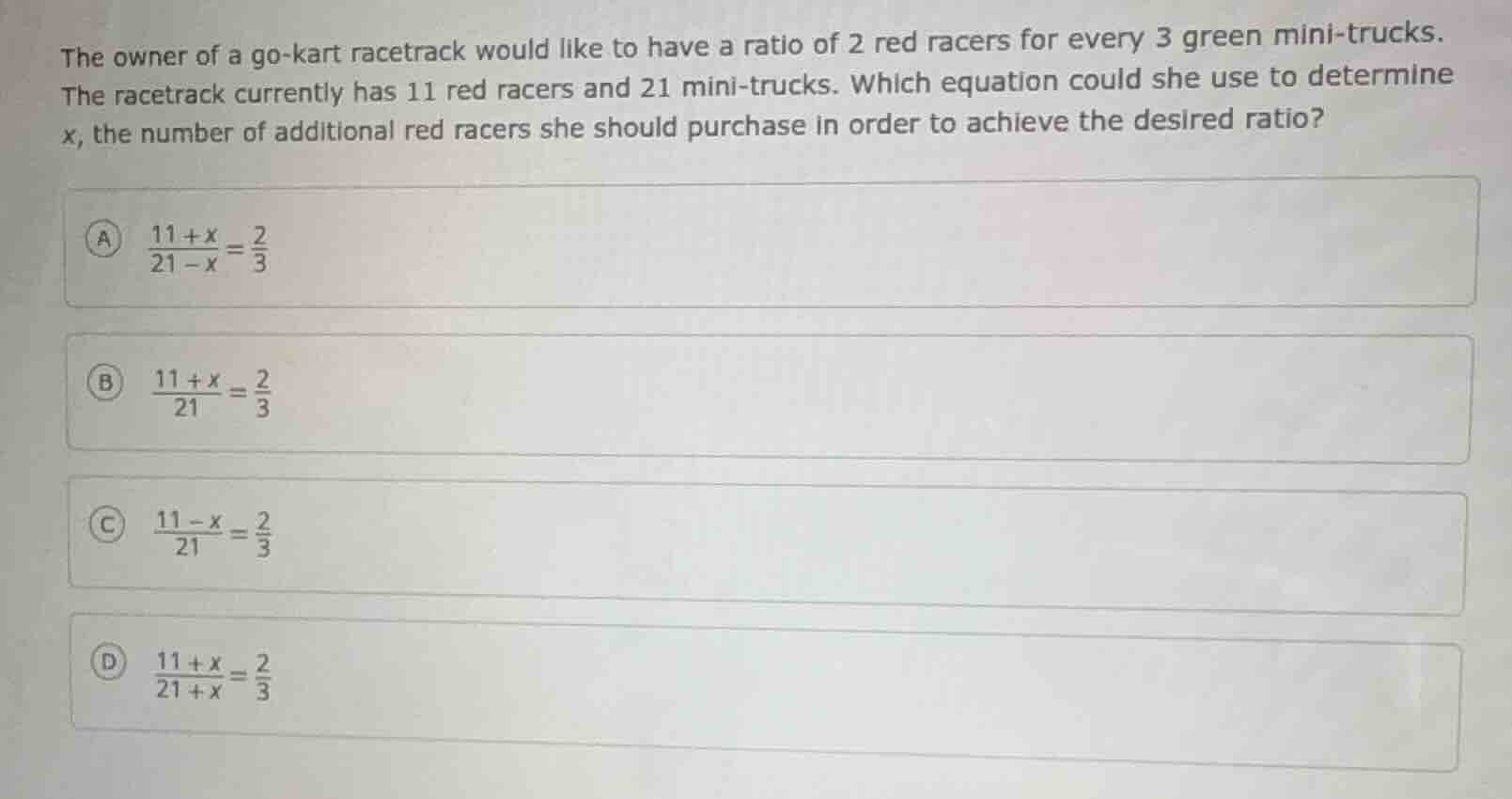 the owner of a go-kart racetrack would like to have a ratio of 2 red ra…