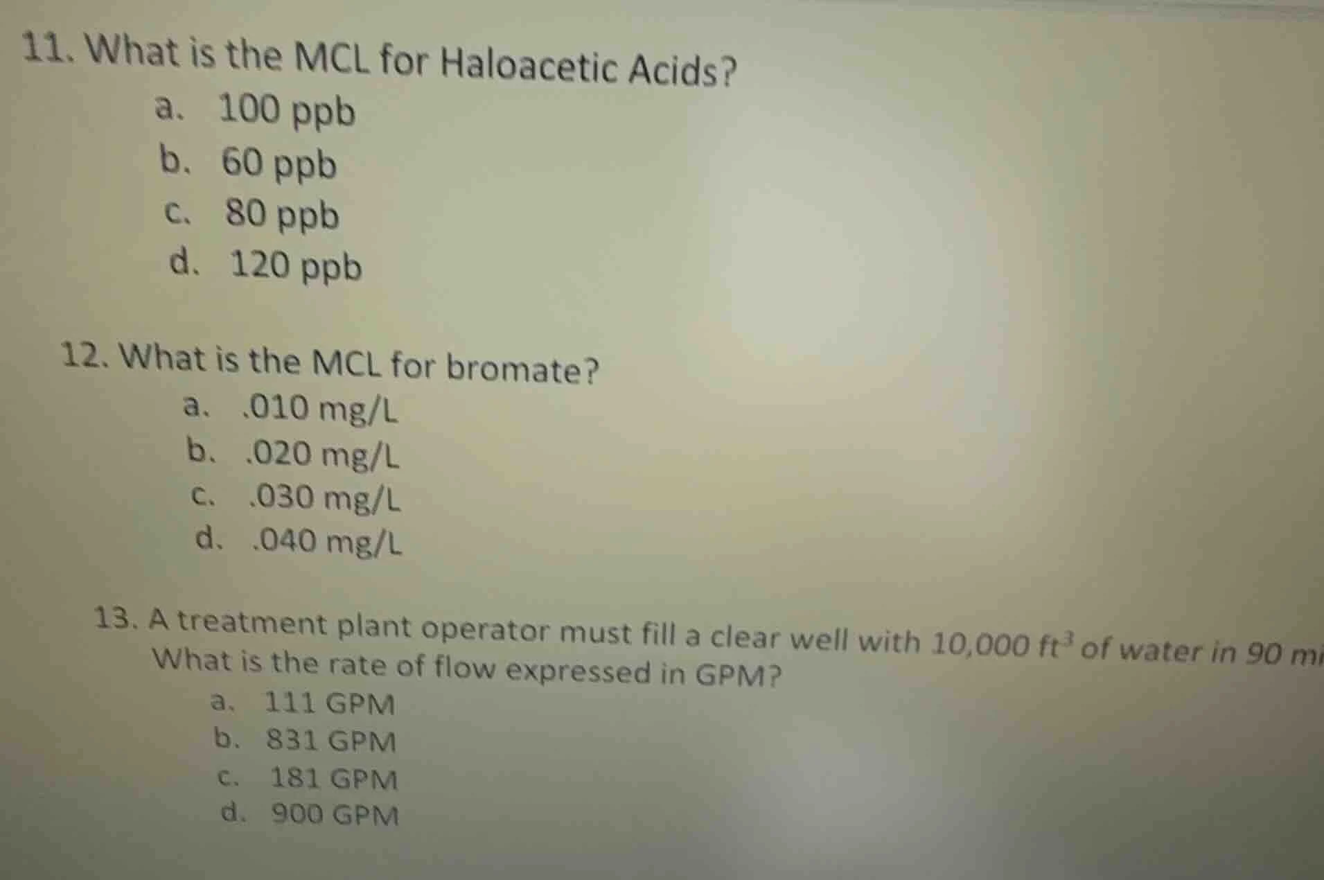 11. what is the mcl for haloacetic acids? a. 100 ppb b. 60 ppb c. 80 pp…