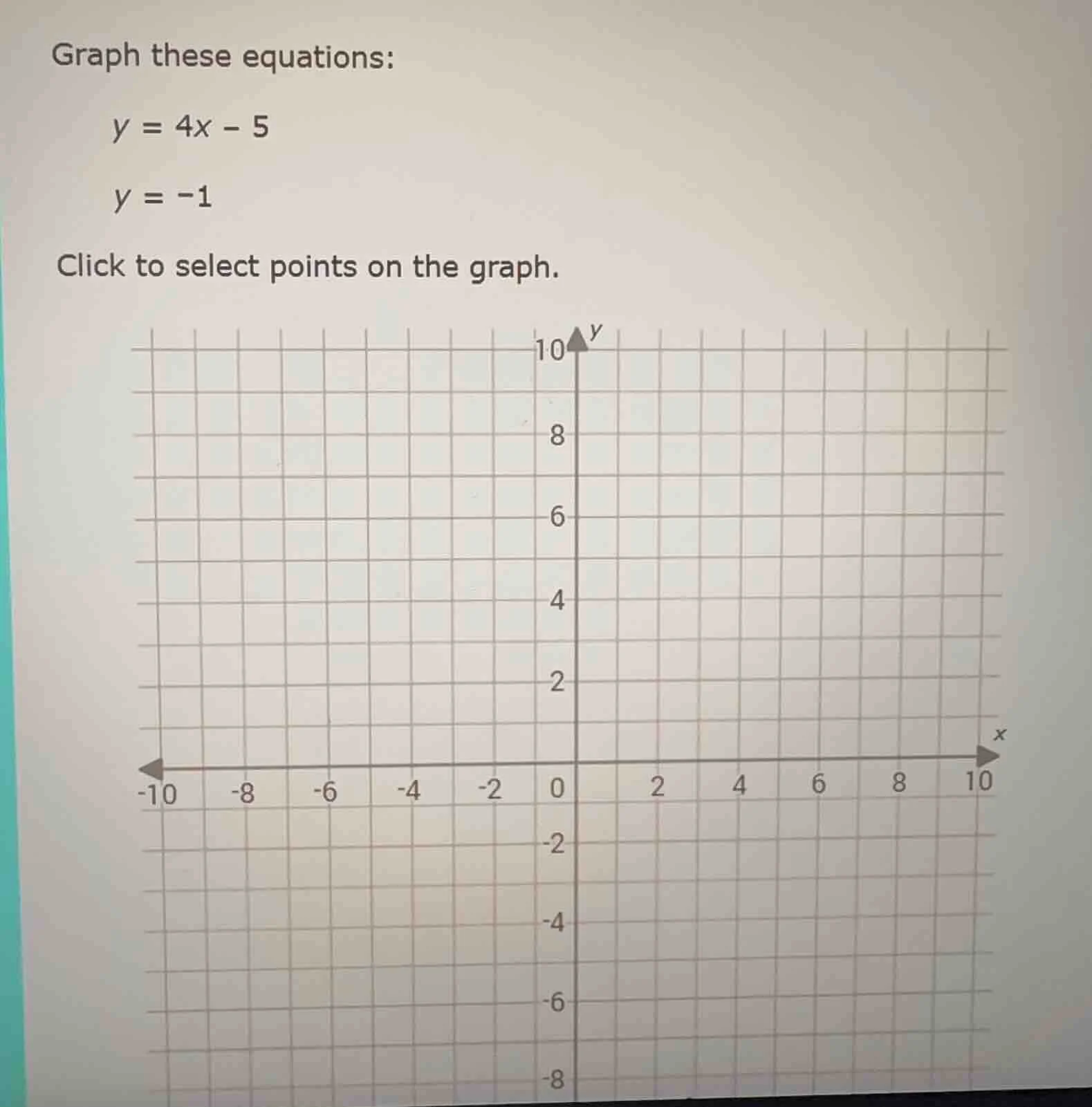 graph these equations:$y = 4x - 5$$y = -1$click to select points on the…