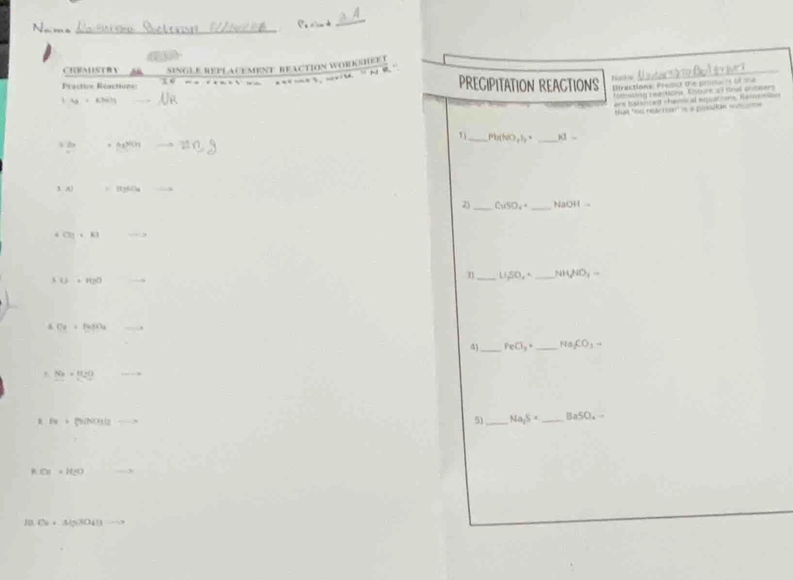 name ______ period a chemistry single replacement reaction worksheet pr…
