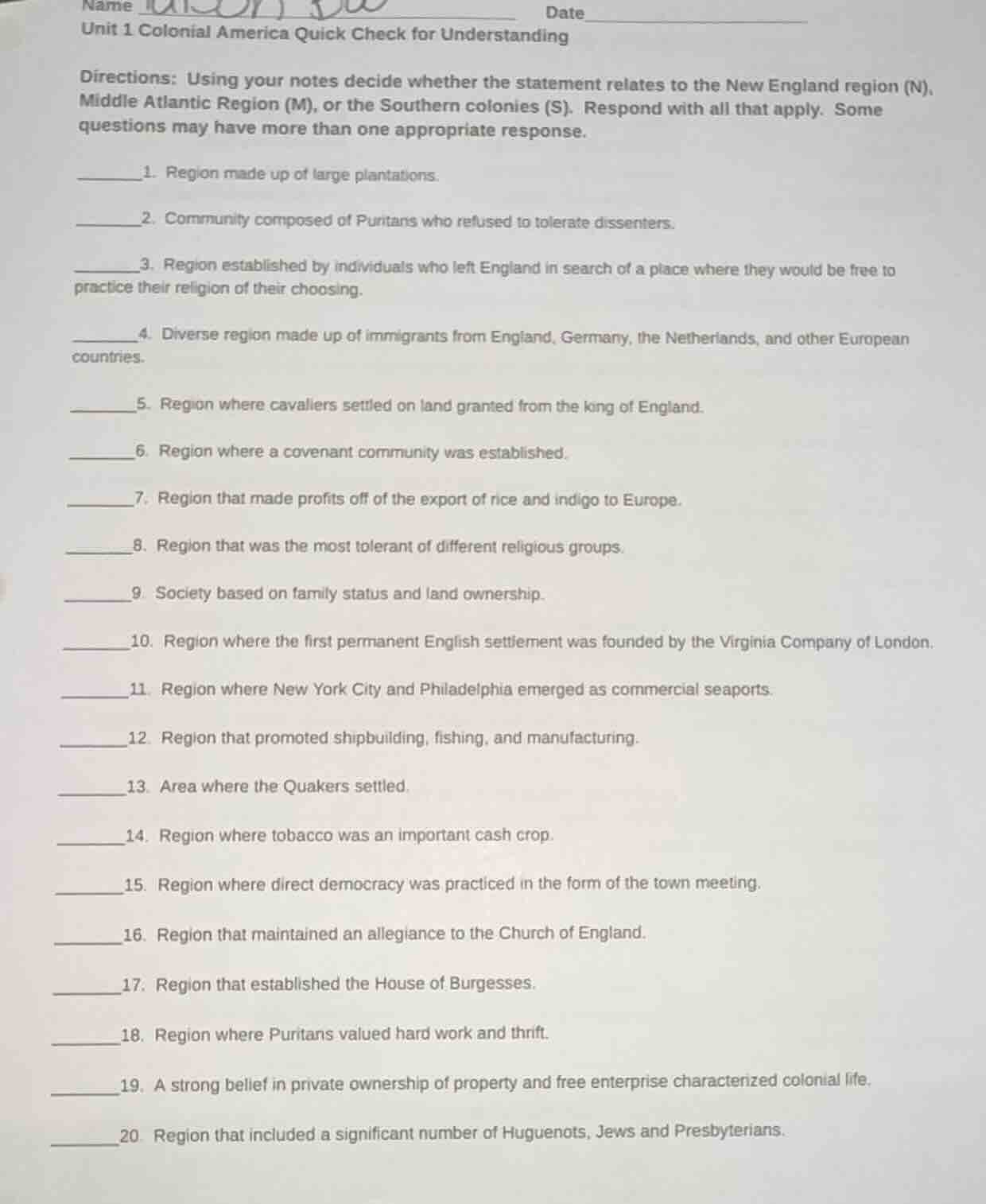 name dateunit 1 colonial america quick check for understandingdirection…