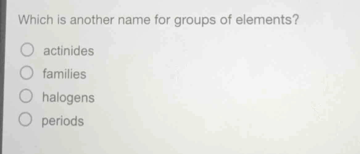 which is another name for groups of elements?○ actinides○ families○ hal…