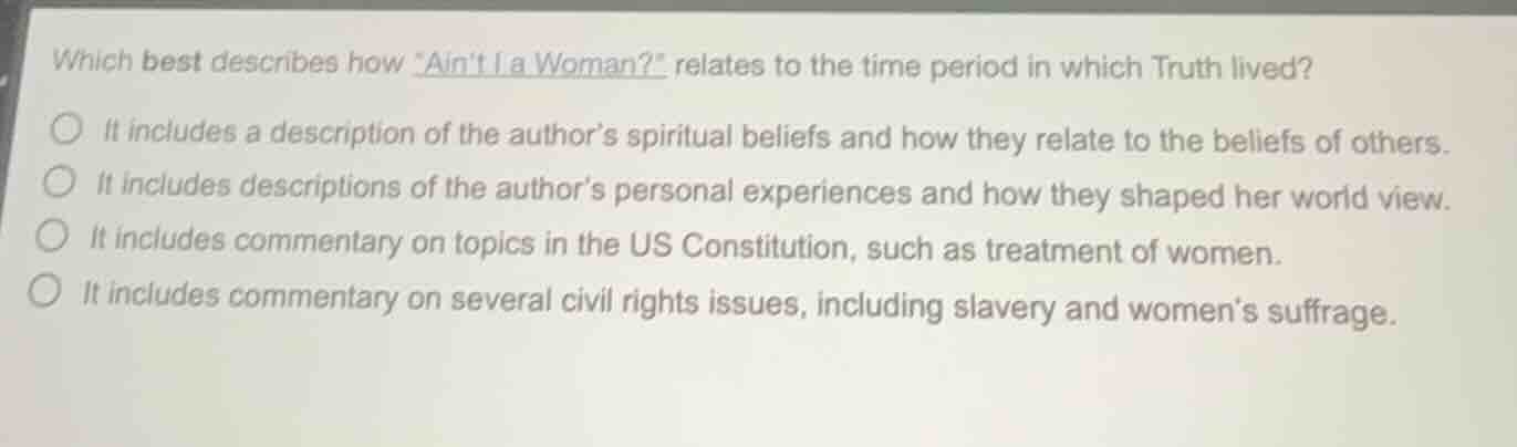 which best describes how \aint i a woman?\ relates to the time period i…