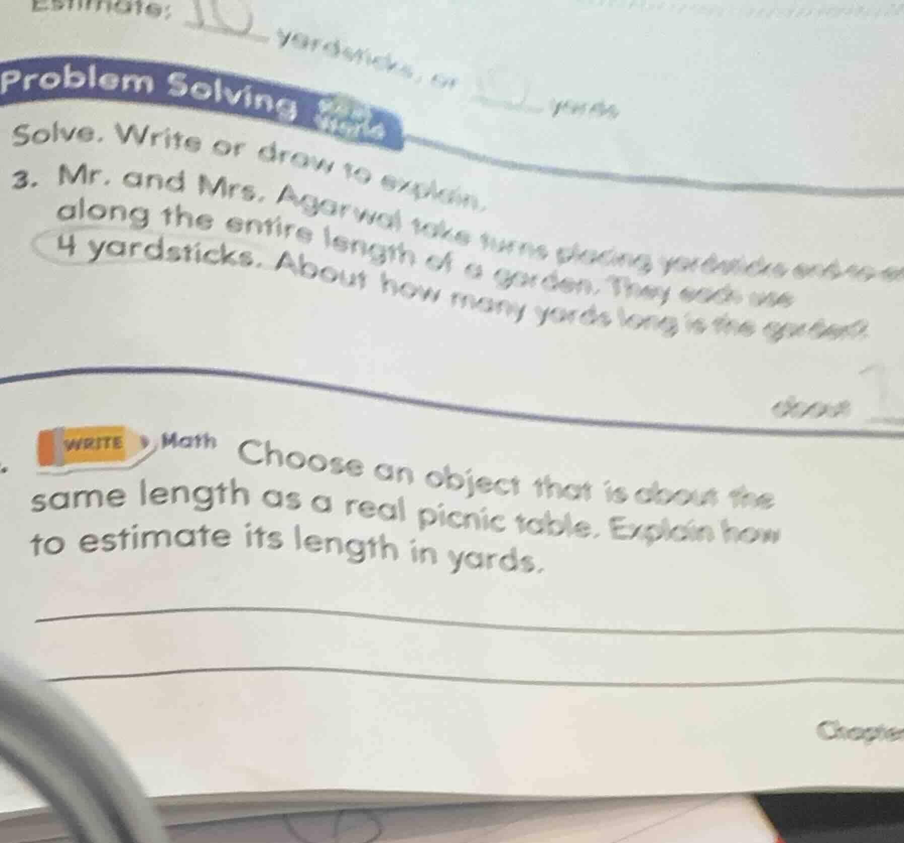 estimate: ____ yardsticks, or ____ yards problem solving solve. write o…