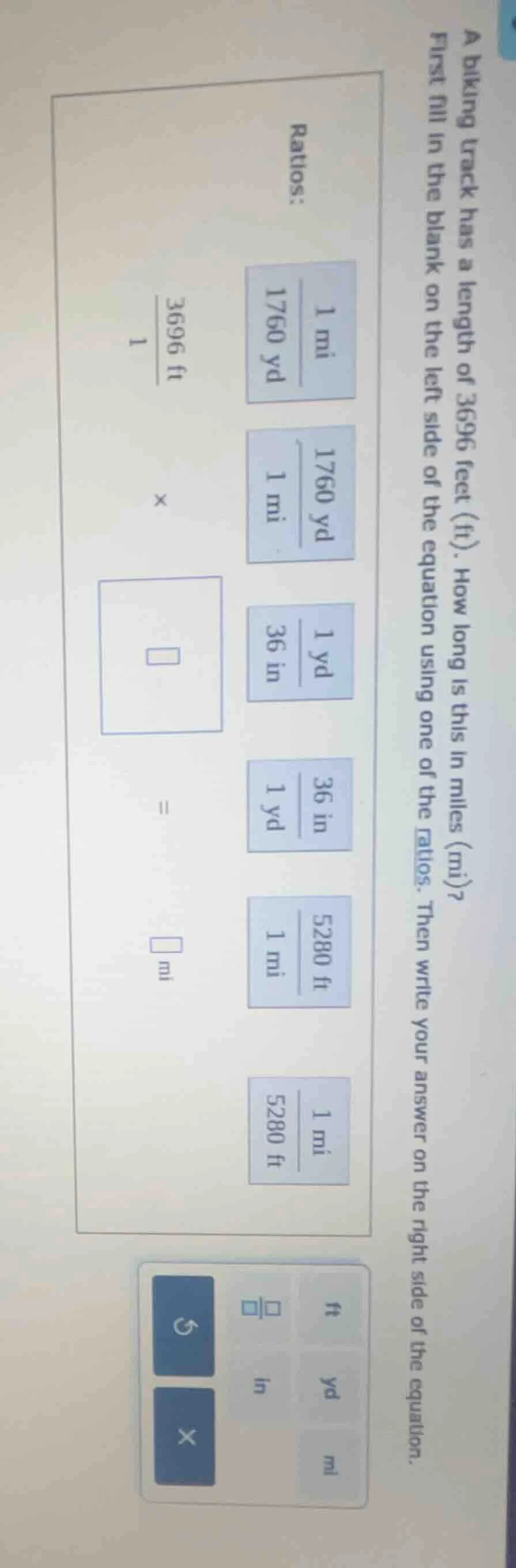 a biking track has a length of 3696 feet (ft). how long is this in mile…