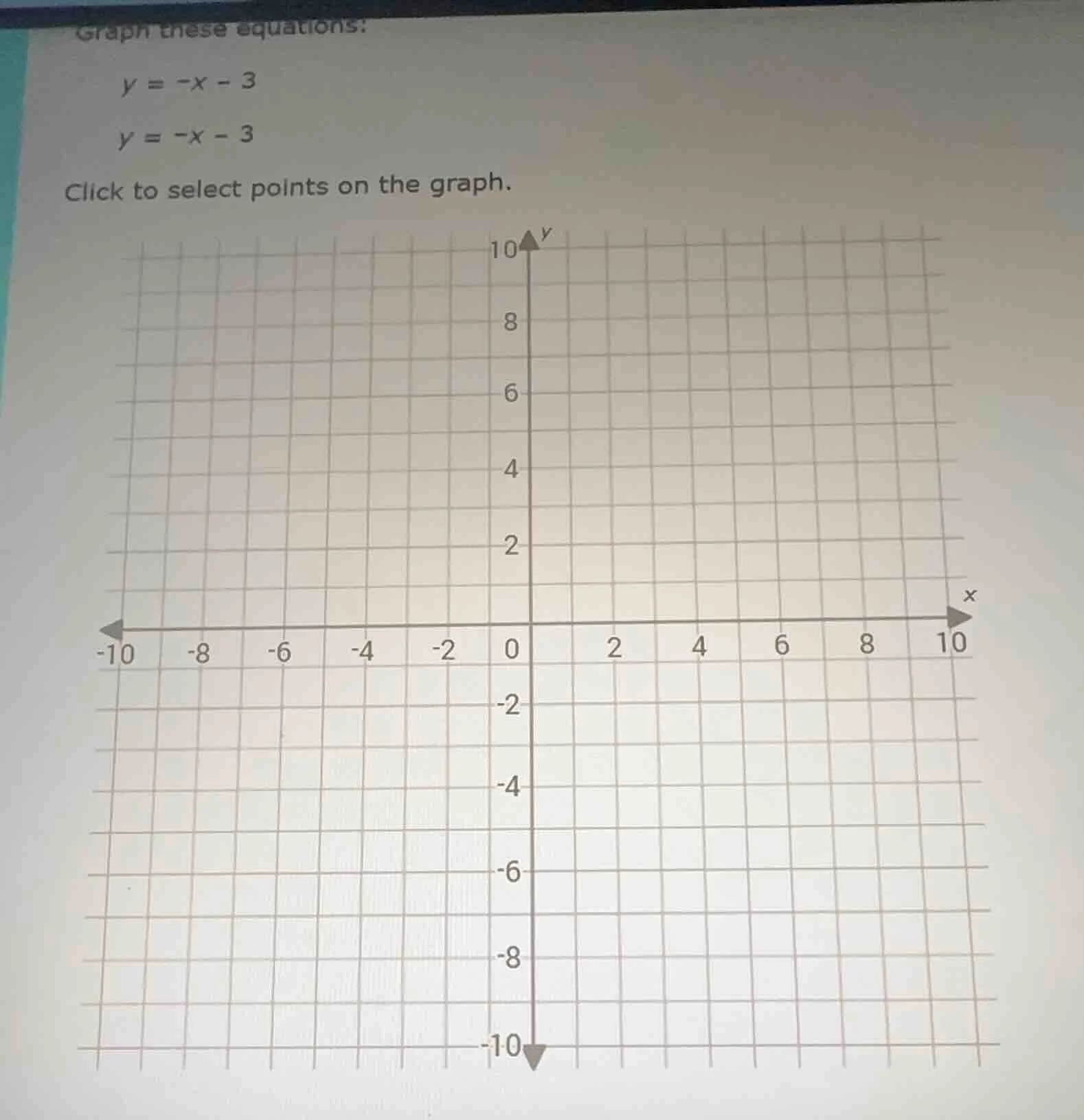 graph these equations:$y = -x - 3$$y = -x - 3$click to select points on…