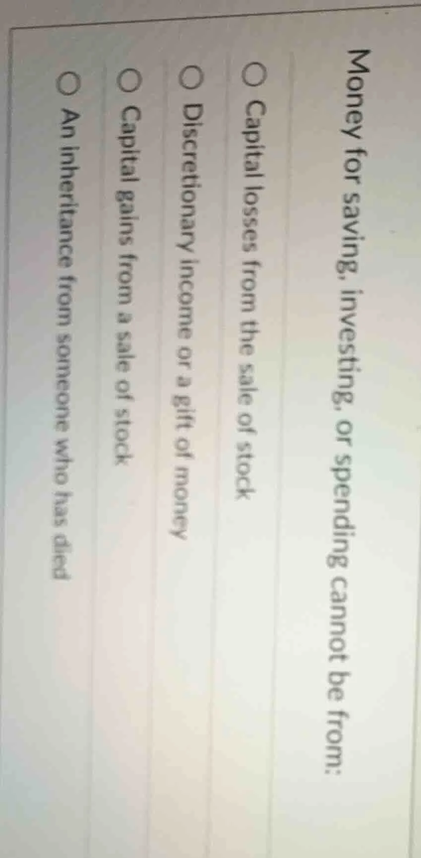 money for saving, investing, or spending cannot be from:○ capital losse…