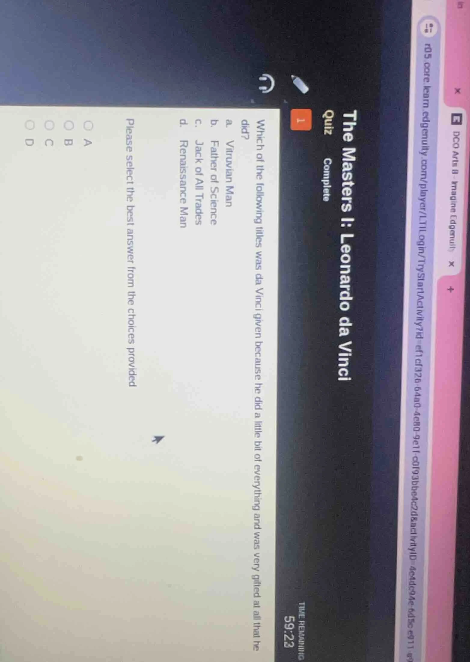 the masters i: leonardo da vinciquiz complete1time remaining 59:23which…