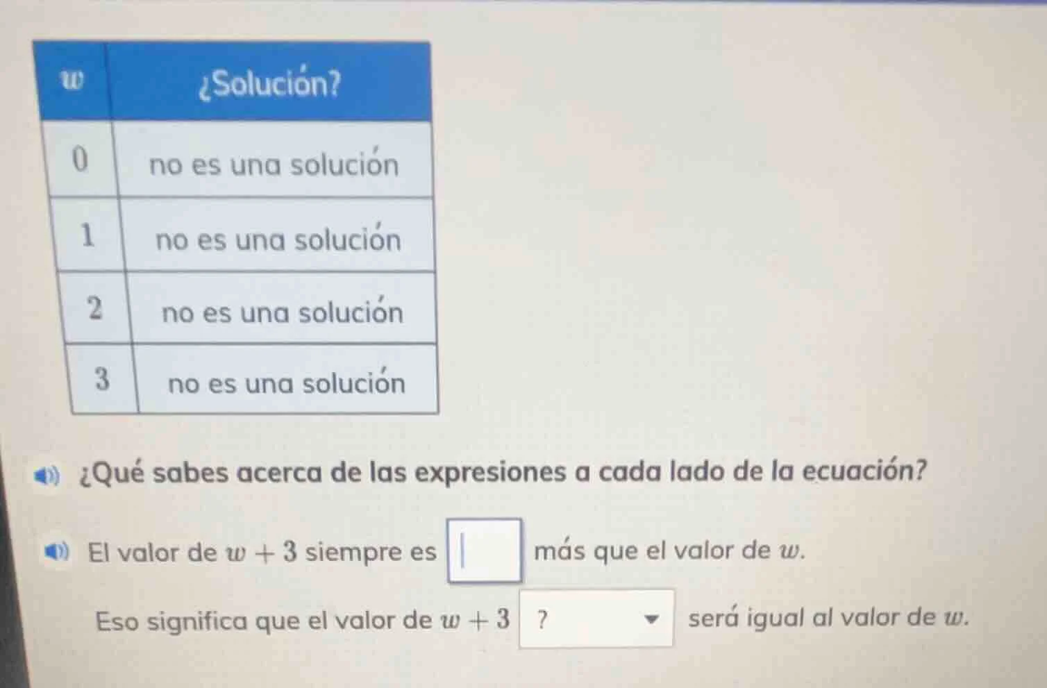 | $w$ | ¿solución? || --- | --- || 0 | no es una solución || 1 | no es …