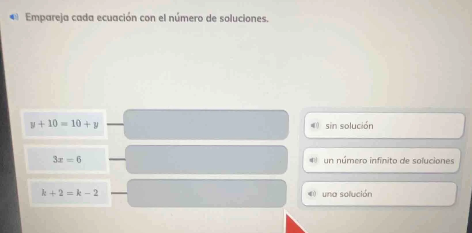 empareja cada ecuación con el número de soluciones. $y + 10 = 10 + y$ $…