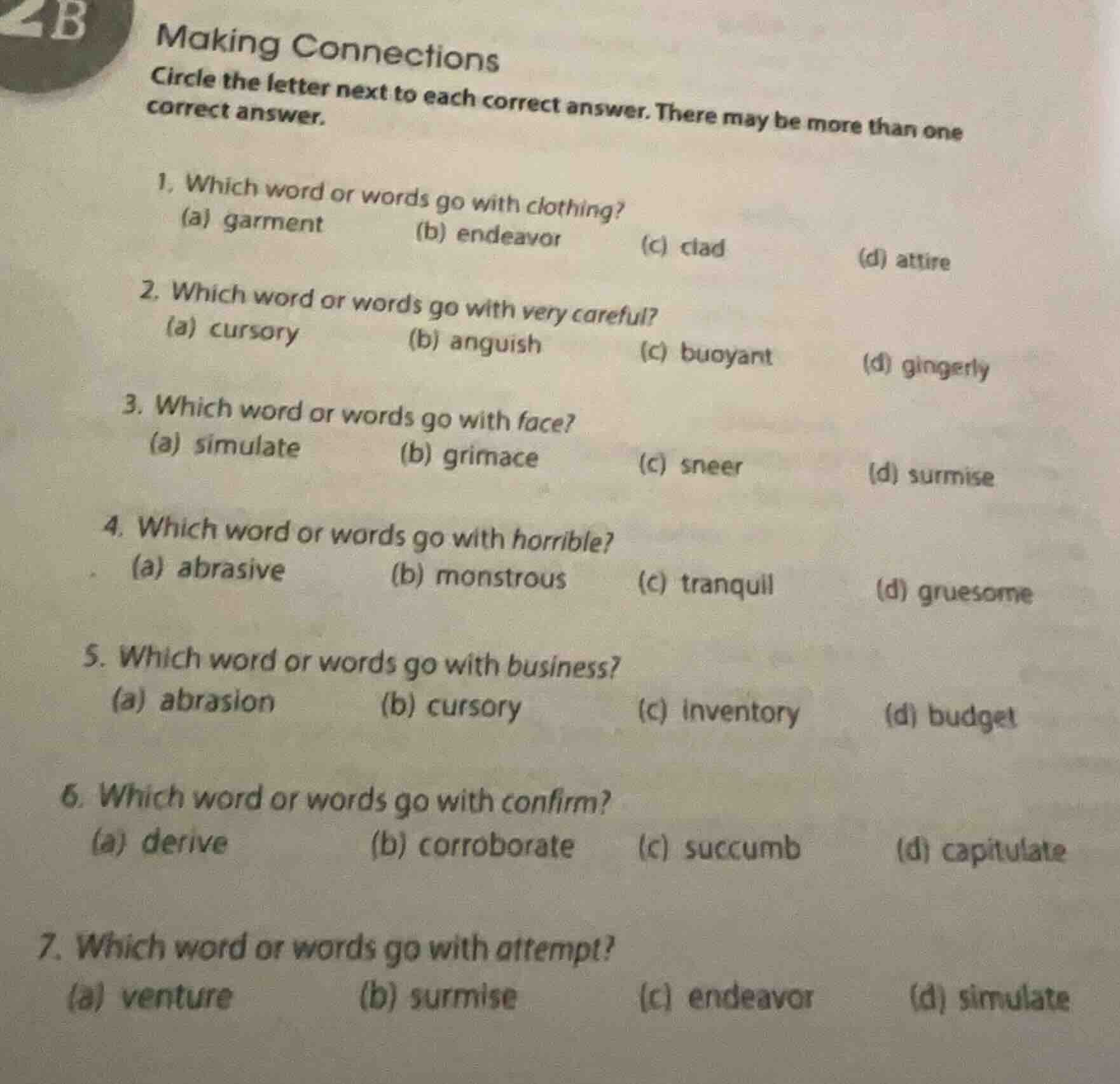 2b making connections circle the letter next to each correct answer. th…