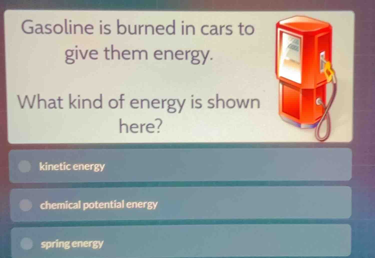 gasoline is burned in cars to give them energy. what kind of energy is …