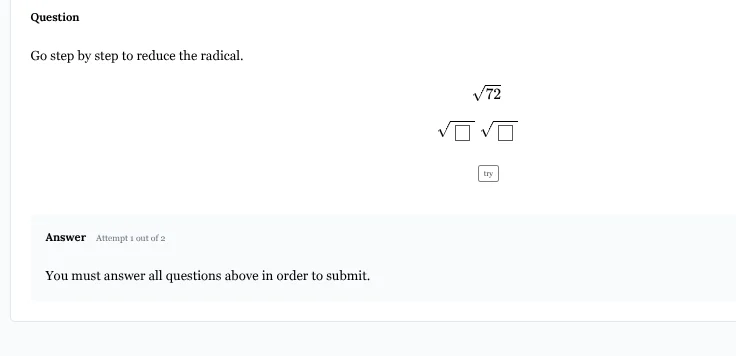 question go step by step to reduce the radical. $sqrt{72}$ $sqrt{square…