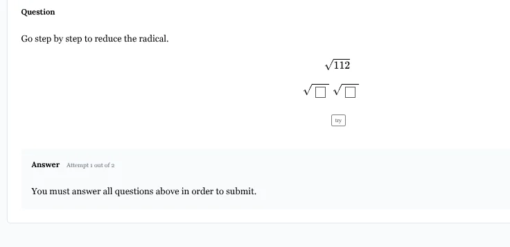 question go step by step to reduce the radical. $sqrt{112}$ $sqrt{squar…