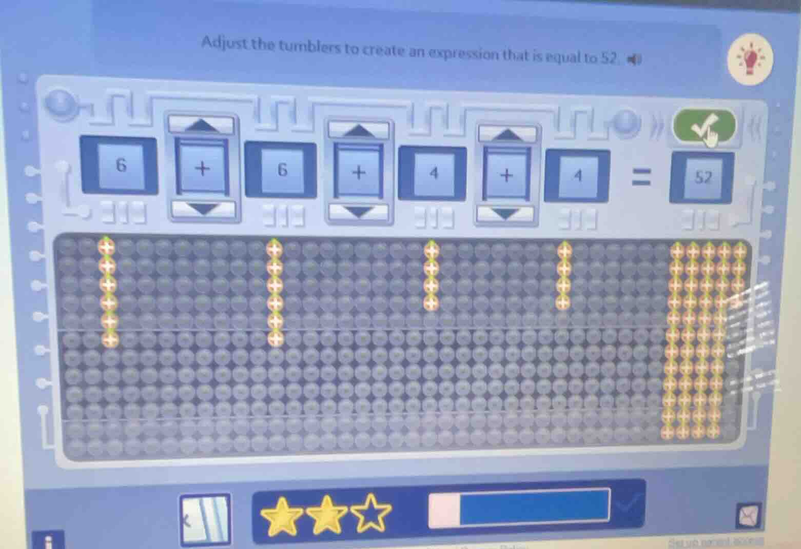 adjust the tumblers to create an expression that is equal to 52. 6 + 6 …