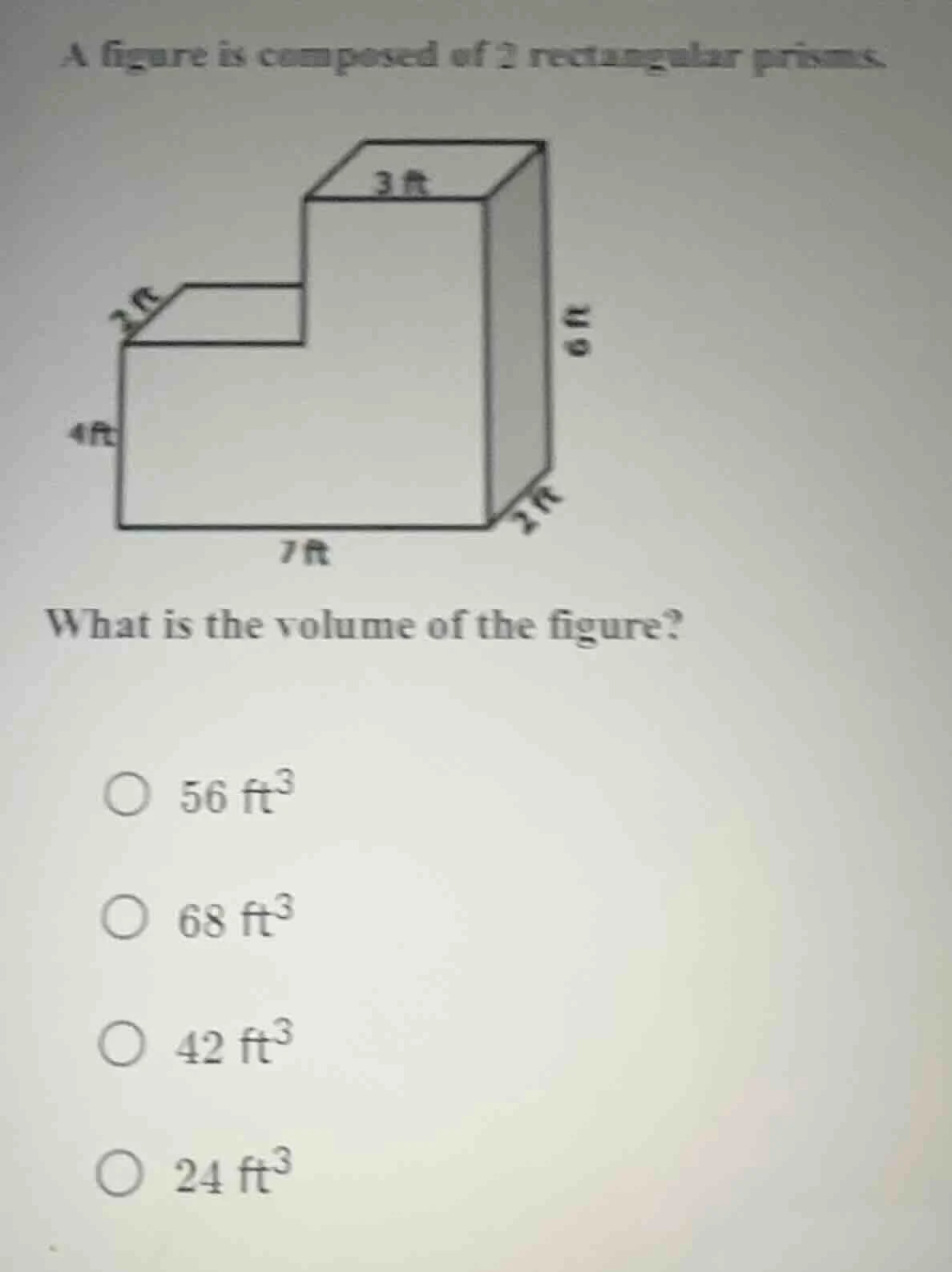 a figure is composed of 2 rectangular prisms. what is the volume of the…