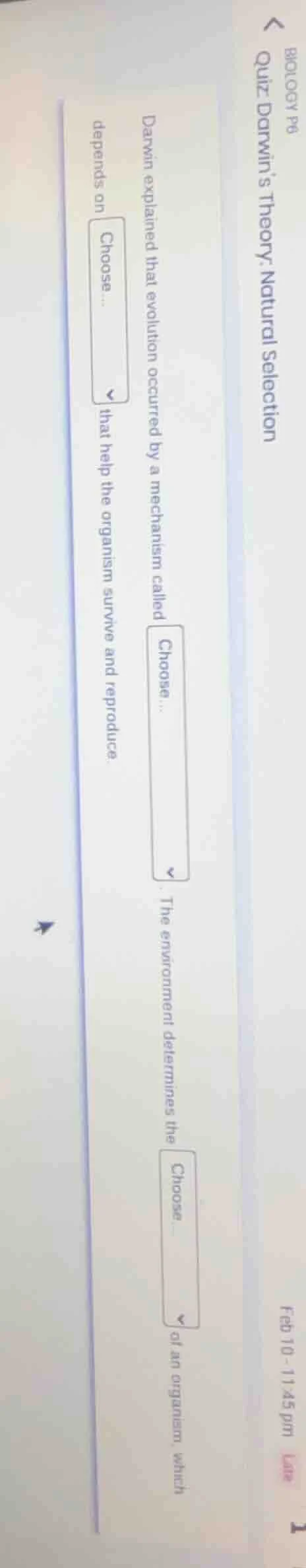 biology p6 quiz: darwins theory: natural selection feb 10 - 11:45 pm la…