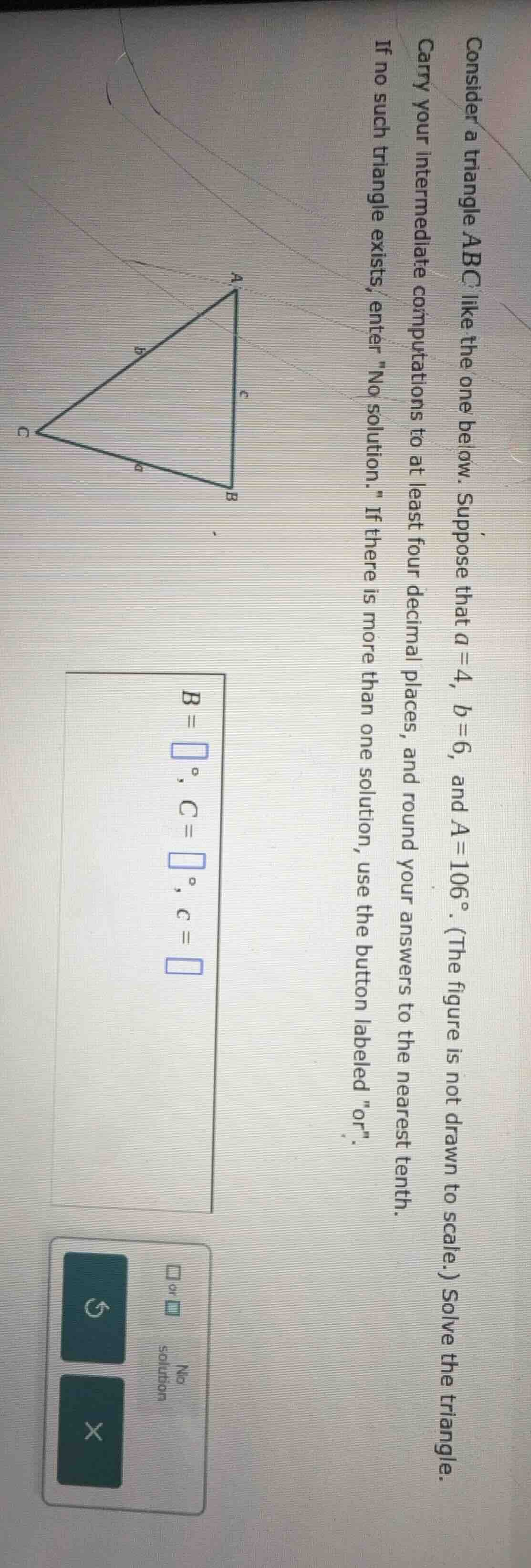consider a triangle abc like the one below. suppose that $a=4$, $b=6$, …