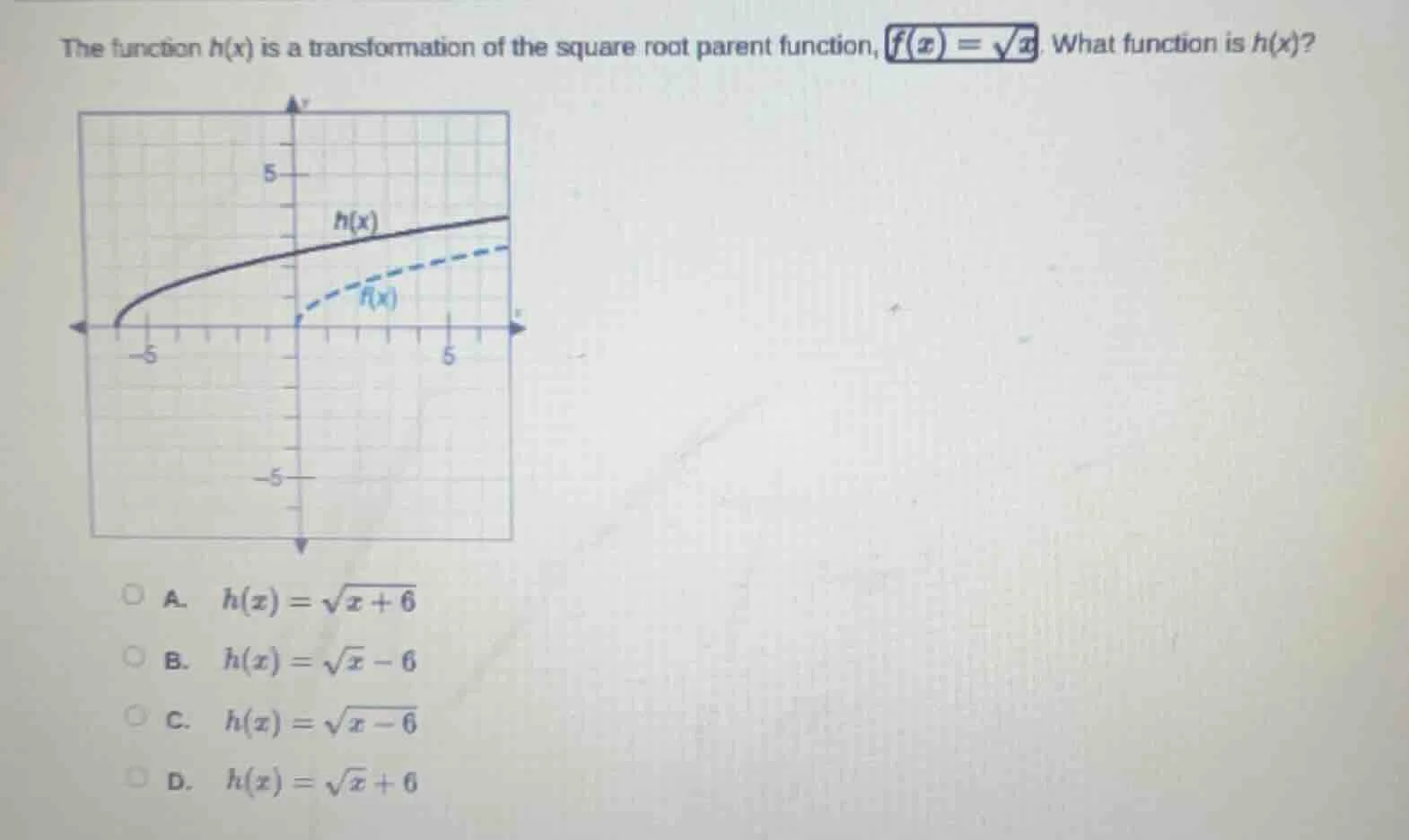 the function $h(x)$ is a transformation of the square root parent funct…