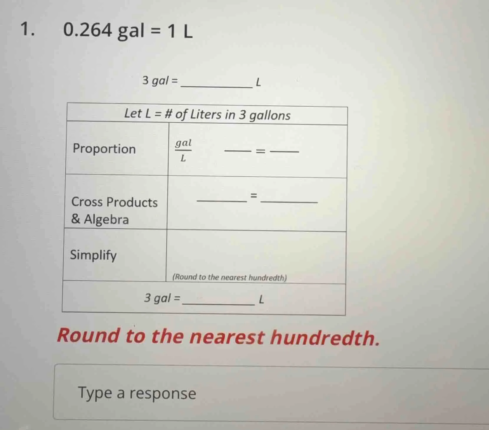 1. 0.264 gal = 1 l 3 gal = __________ l let l = # of liters in 3 gallon…