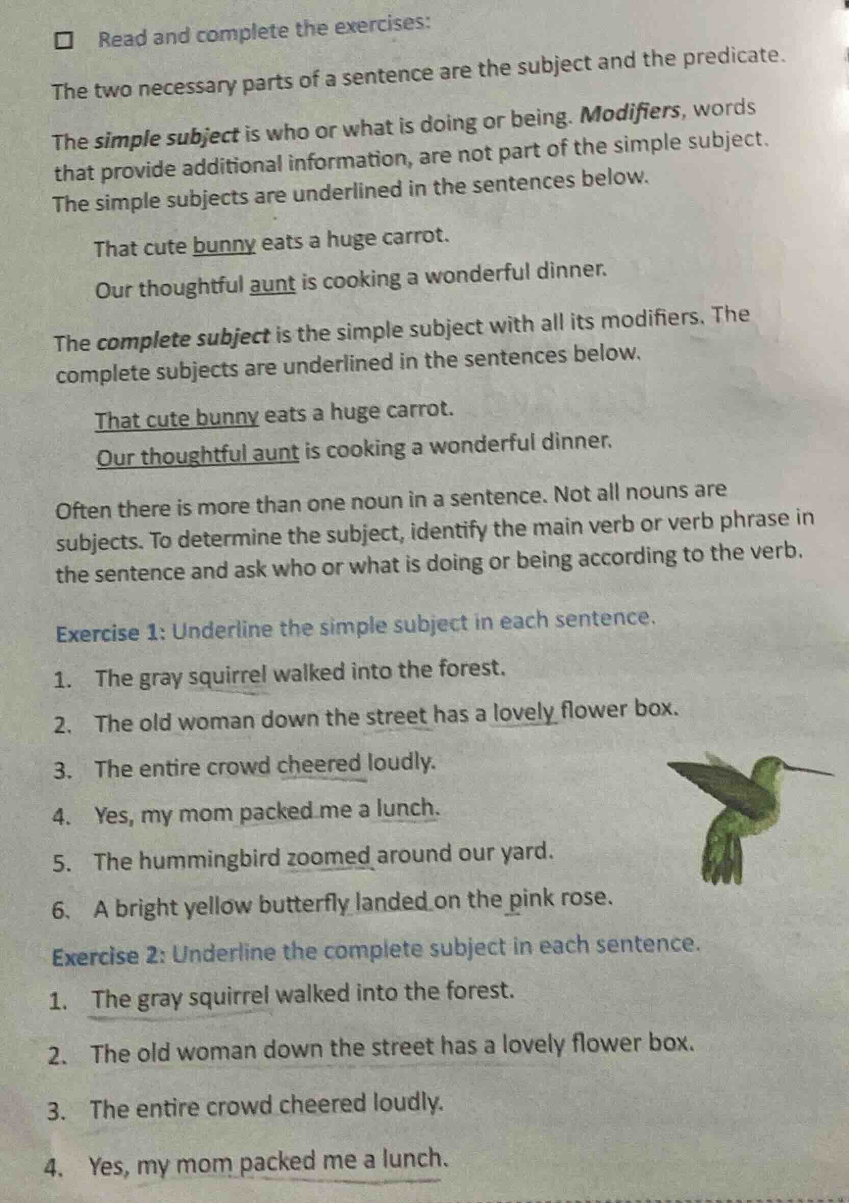 read and complete the exercises: the two necessary parts of a sentence …