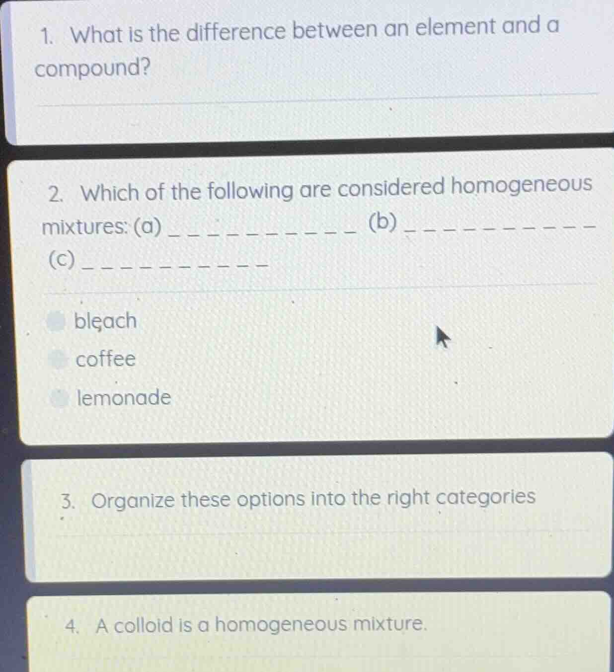 1. what is the difference between an element and a compound? 2. which o…