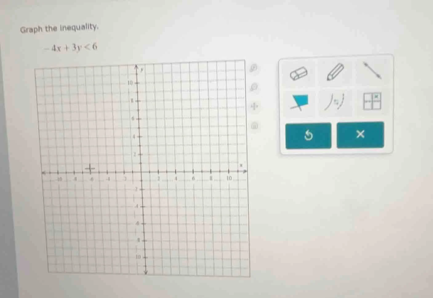 graph the inequality. $-4x + 3y < 6$