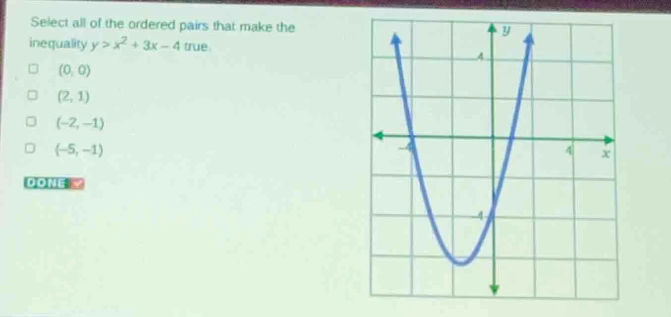 select all of the ordered pairs that make the inequality $y > x^2 + 3x …