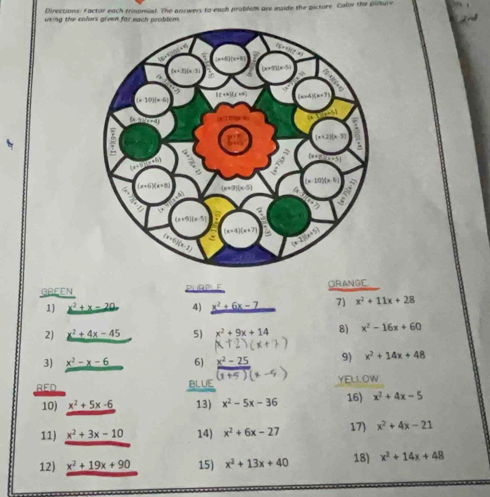 directions: factor each trinomial. the answers to each problem are insi…