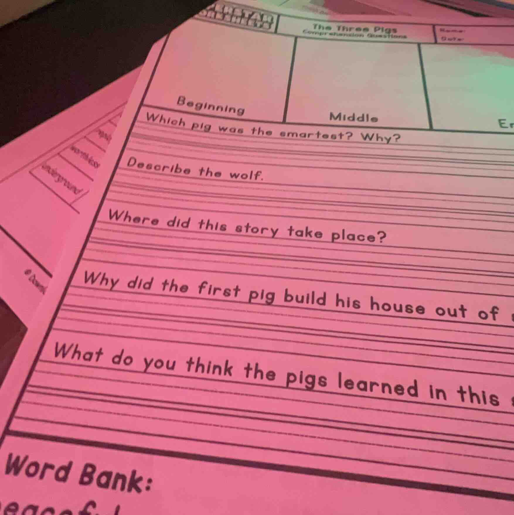 the three pigs comprehension questions name: date: beginning middle er …