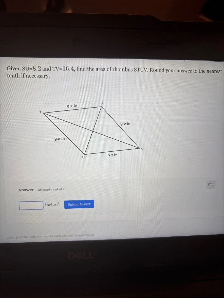 given su=8.2 and tv=16.4, find the area of rhombus stuv. round your ans…