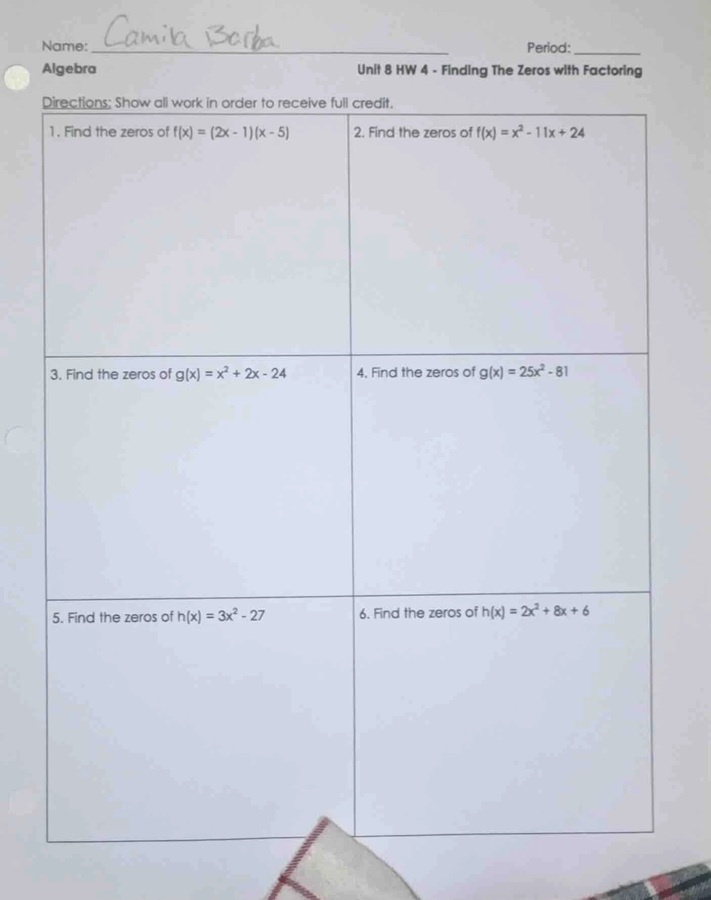 name: camila barbaperiod:algebraunit 8 hw 4 - finding the zeros with fa…