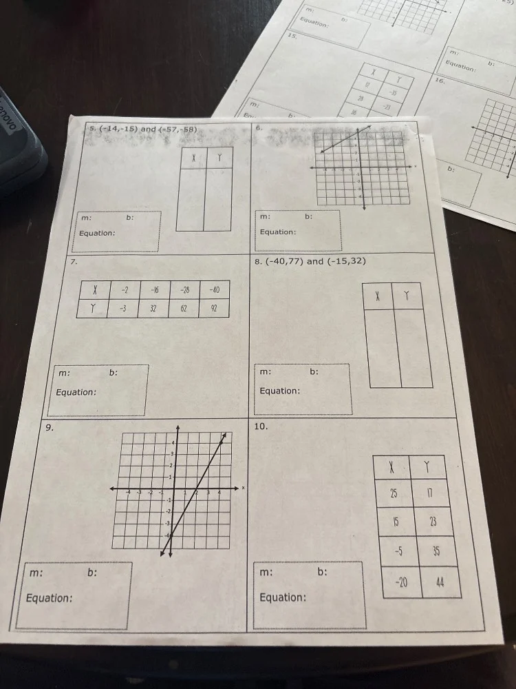 5. $(-14,-15)$ and $(-57,-58)$ m: b: equation: 6. m: b: equation: 7. | …
