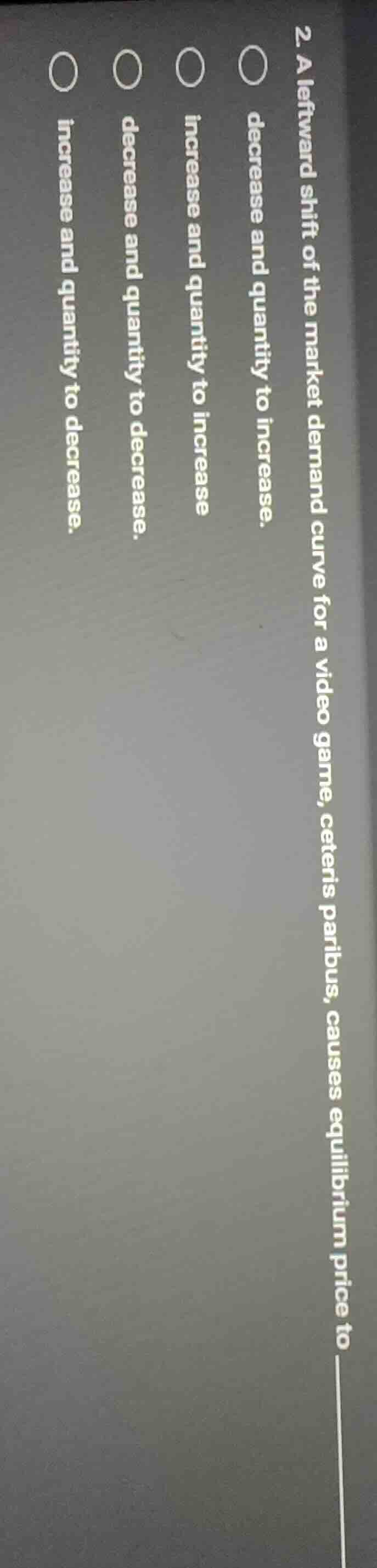 2. a leftward shift of the market demand curve for a video game, ceteri…