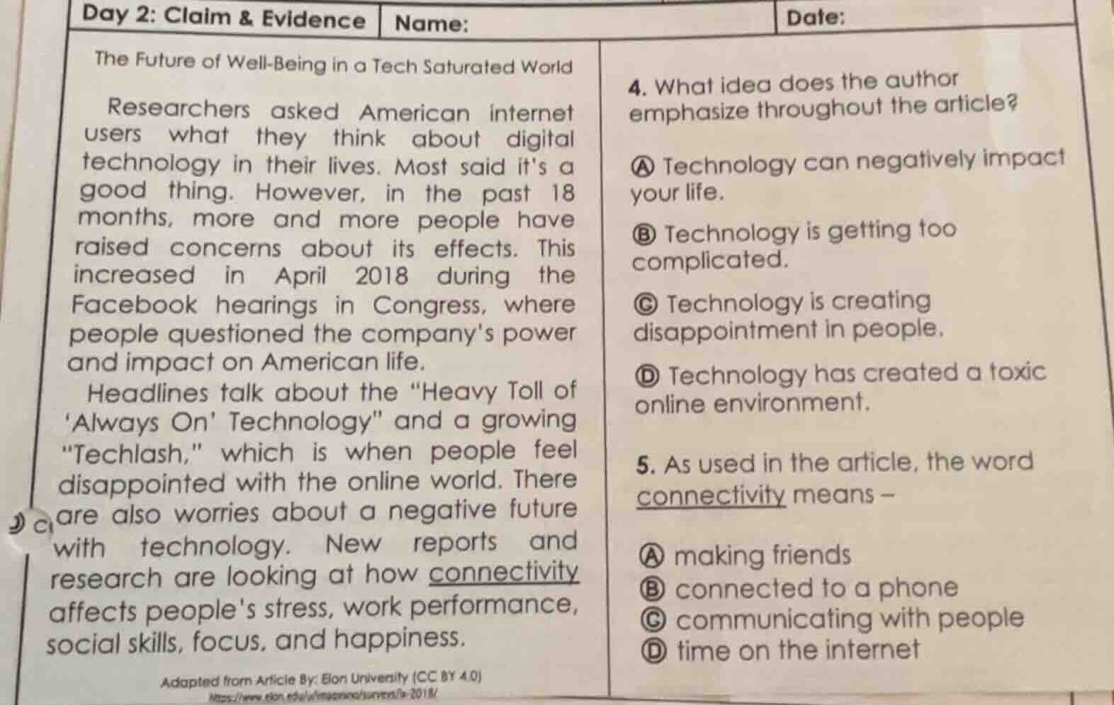 day 2: claim & evidence name: date: the future of well-being in a tech …