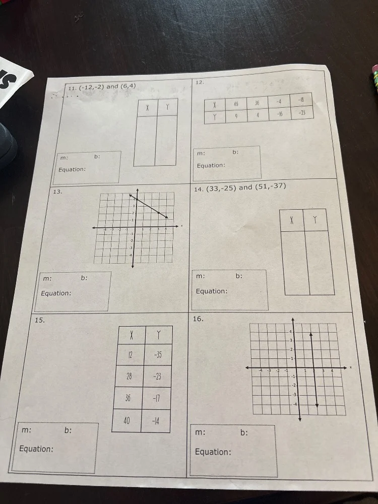 11. (-12,-2) and (6,4) x y m: b: equation: 12. x 48 36 -4 -16 y 9 4 -6 …