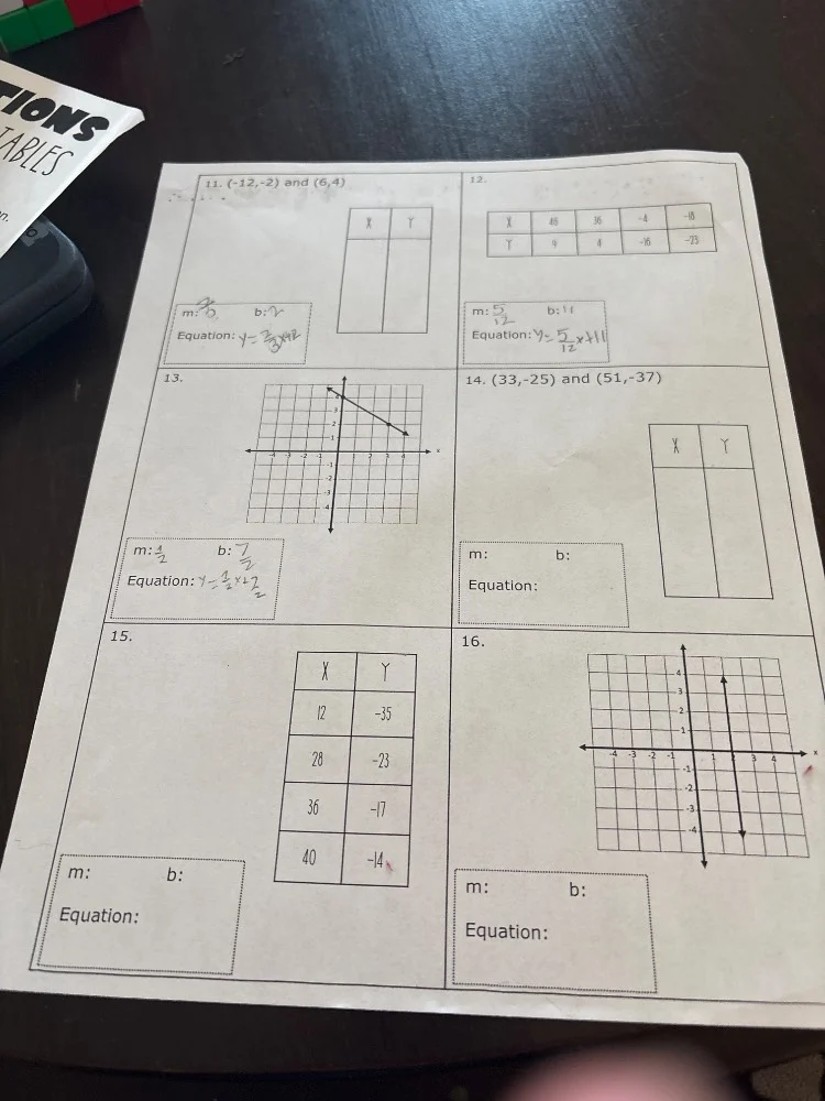 11. (-12,-2) and (6,4) x y m: b: equation: 12. x 48 36 -4 -8 y 9 4 -6 -…