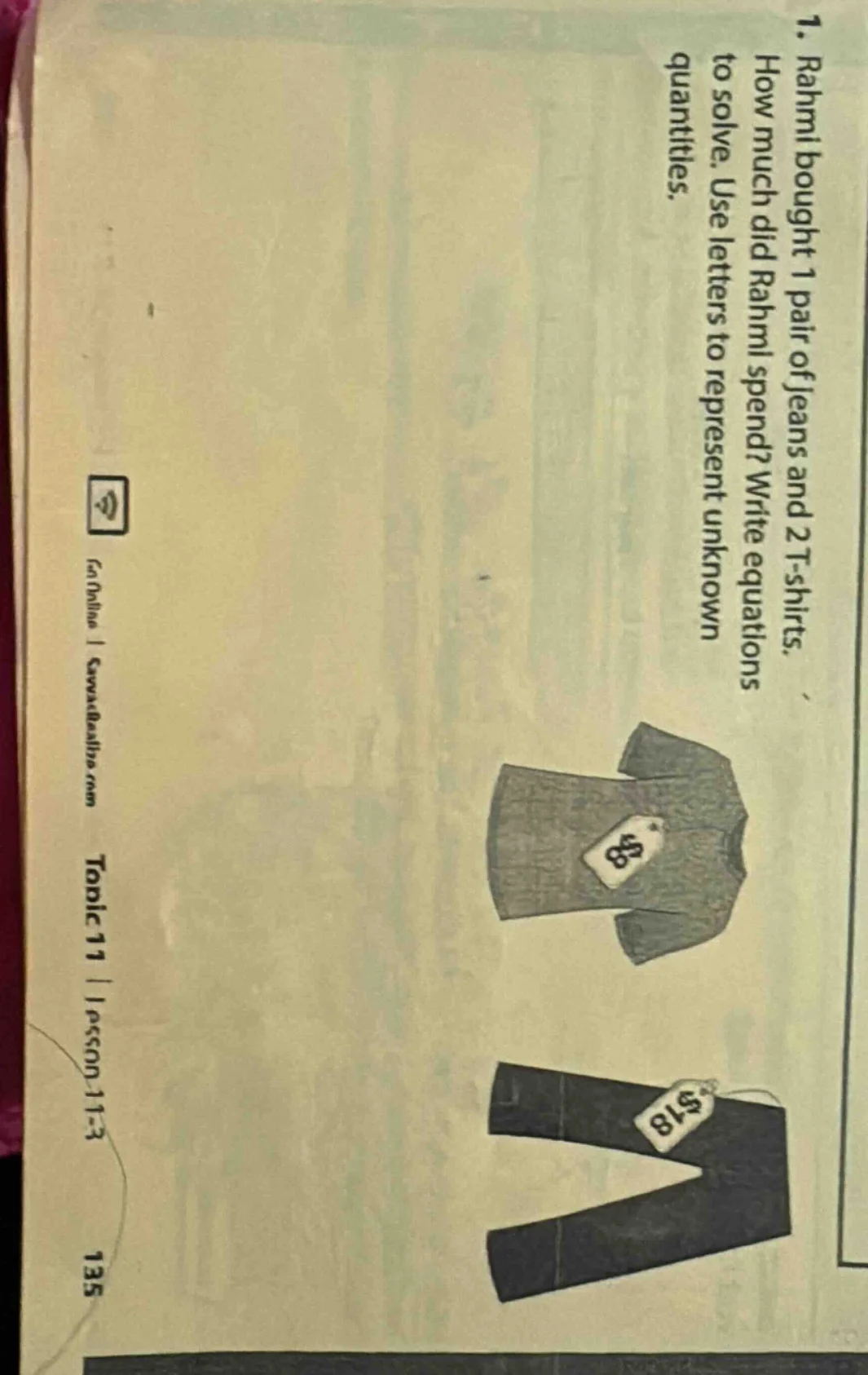 1. rahmi bought 1 pair of jeans and 2 t-shirts. how much did rahmi spen…