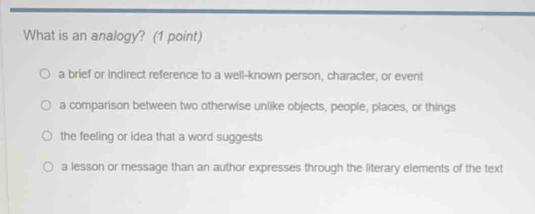 what is an analogy? (1 point)○ a brief or indirect reference to a well-…